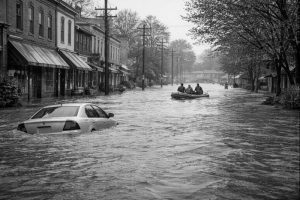 Flooded Main Street With Rescue Boat