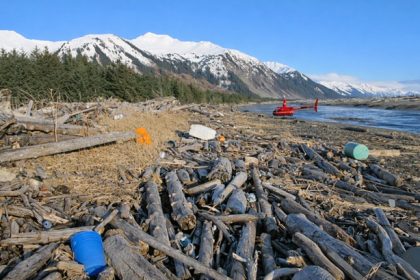 Marine debris, much of it believed to be from the 2011 Japanese tsunami, littering a beach on Montague Island, Alaska.