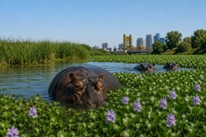 Hippos munching on invasive water hyacinth.