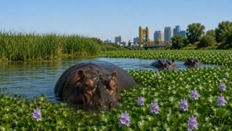 Hippos munching on invasive water hyacinth.