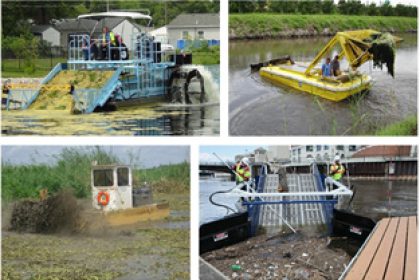 Aquarius Systems weed harvester, weed tow boat, aquatic vegetation cutter, and marine debris skimmer.