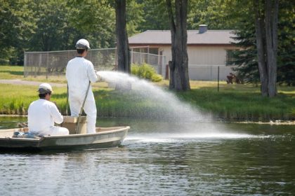 Spraying herbicide on the lake