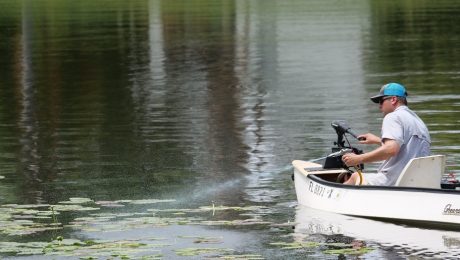 Applying aquatic herbicides to kill lake weeds.