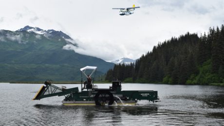 Aquatic weed harvester and approaching float plane