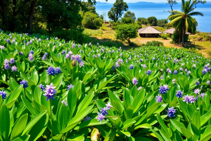 An abundance of water hyacinth blocks access to a small village.