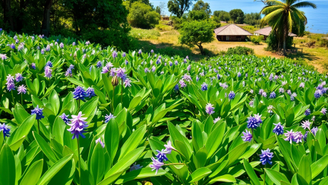 An abundance of water hyacinth blocks access to a small village.